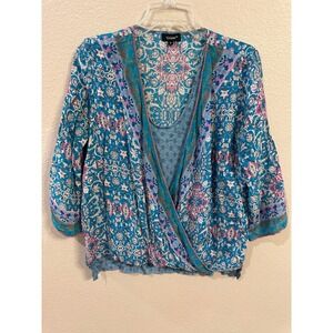 Tolani Kimono Top Floral Print 3/4 Sleeve‎ Blouse Bohemian Teal Size S